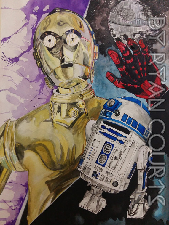 ORIGINAL Star Wars- C-3PO & R2-D2 Watwrcolor Painting