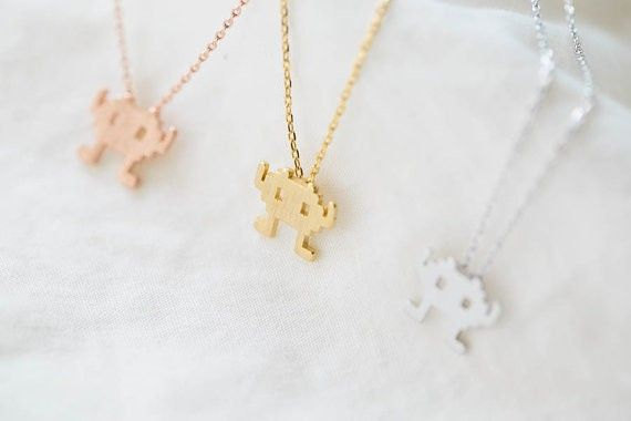 geeky Valentines Day gift idea space invaders necklace