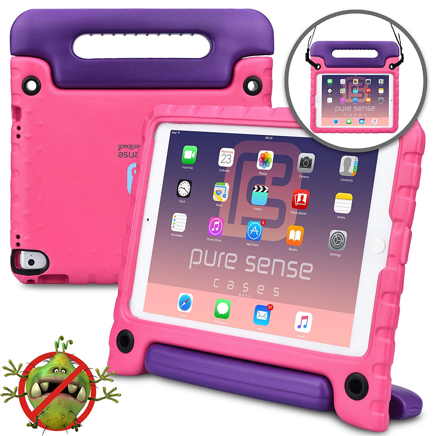 Pure Sense Buddy Kids Case Compatible with iPad Pro 9.7, iPad Air 2 | Anti Microbial Shock Proof Cover for Kids | Boys, Girls | Shoulder Strap, Handle & Stand | Apple A1673 A1674 A1566 A1567