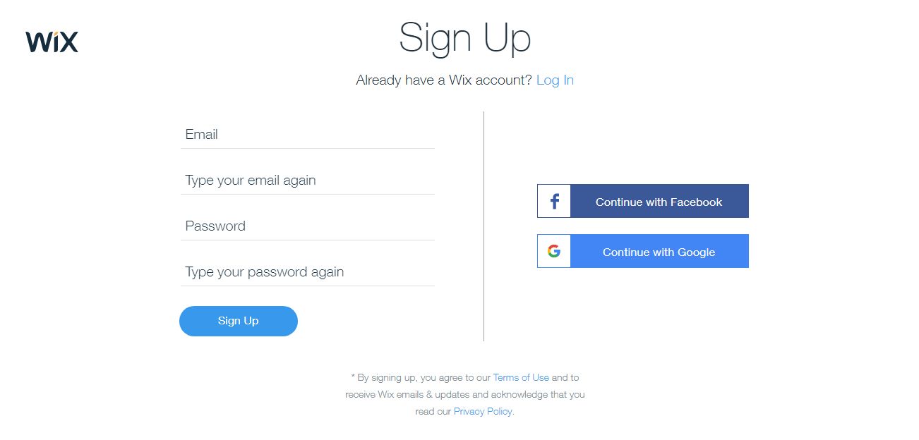 sign up page for wix