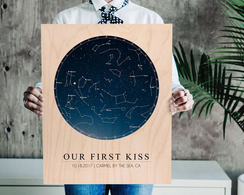 cool personalized star map wood print as a gift idea 