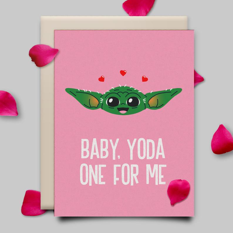 Pink baby yoda valentine's day card