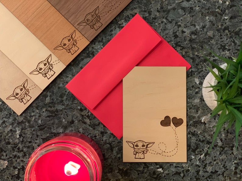 cool wooden baby yoda valentine's day card