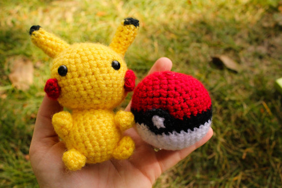 Pikachu and Pokéball crochet dolls