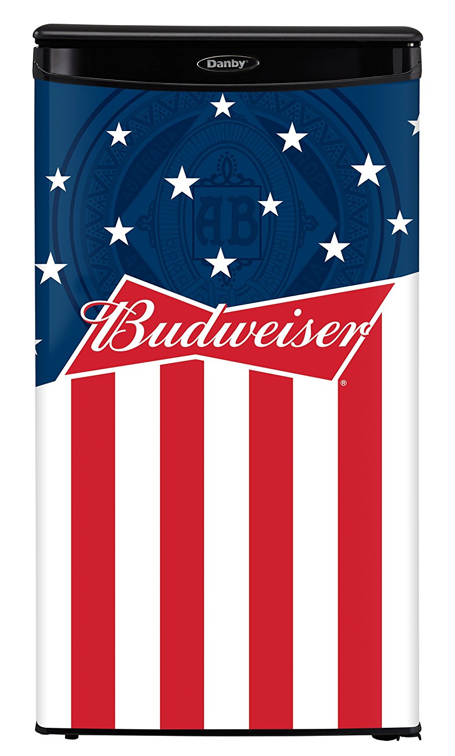 Danby DAR033A1BBUD2 Budweiser 3.3 cu.ft All Refrigerator, Red/White/Blue with Black Cabinet