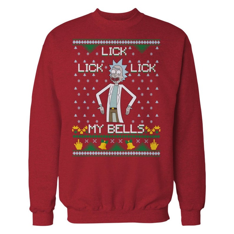 lick my bells ugly christmas sweater rick and morty