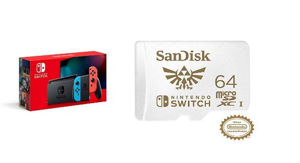 Nintendo Switch, Joy?Con, and SanDisk 64 GB UHS-I Card