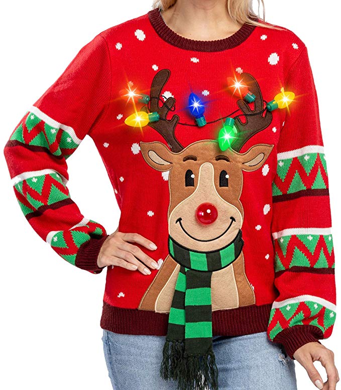 Womens LED Light Up Reindeer Ugly Christmas Sweater