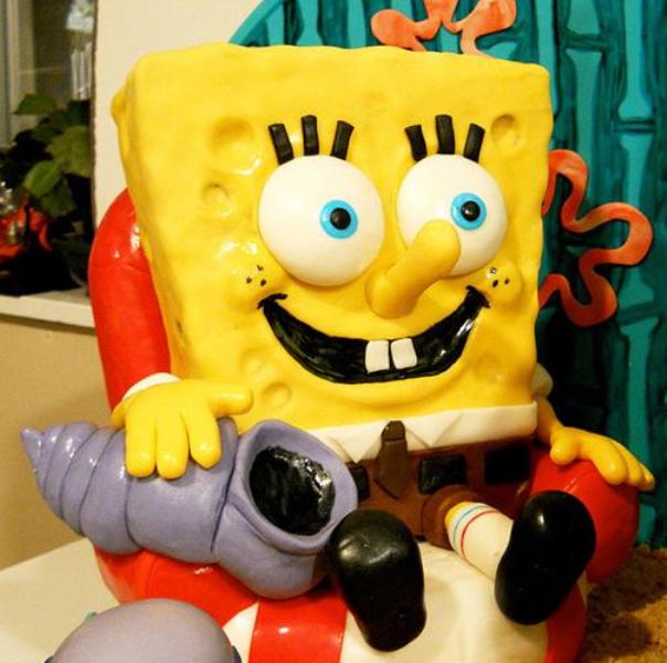 Spongebob Squarepants and Gary on a Square Cake