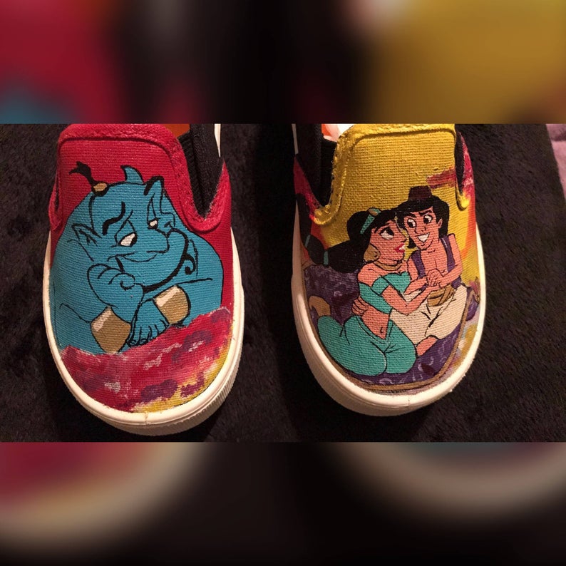 Aladdin, Jasmin and Genie in Handpainted Canvas Shoes - Walyou
